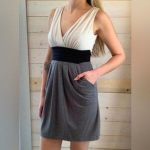 sleeveless dress with a lace top, dark pleated skirt with pockets. Size Small.